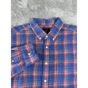 Untuckit Shirt Mens Medium Blue Red Plaid Linen Long Sleeve‎ Button Up